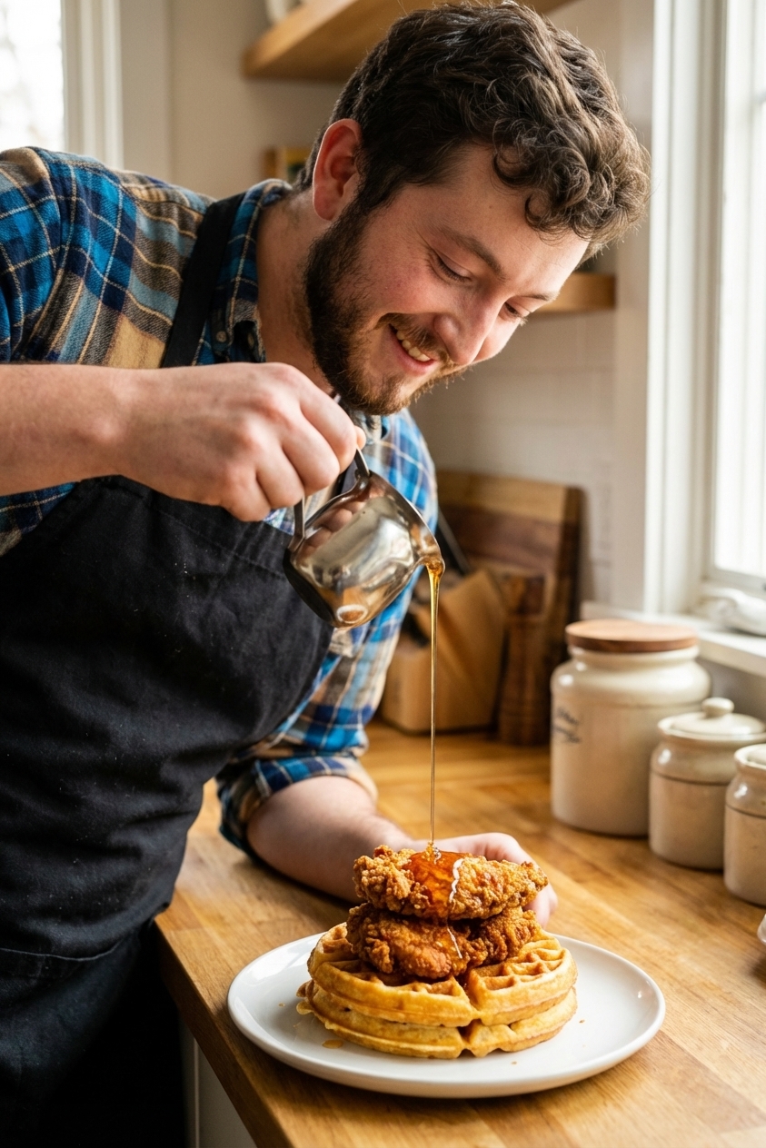 A plated chicken and waffles stack being drizzled with hot honey