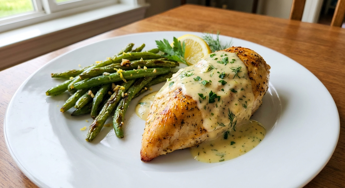 A plated chicken breast topped with creamy lemon herb sauce next to roasted green beans on a white dinner plate