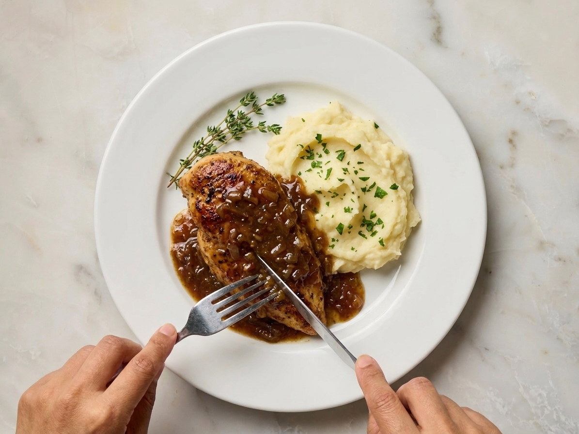 A plated chicken breast topped with glossy pan sauce, served with mashed potatoes on a simple dinner plate