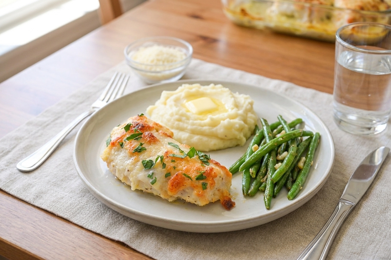 A plated chicken breast with a golden Parmesan topping served alongside mashed potatoes and green beans on a simple dinner table setting