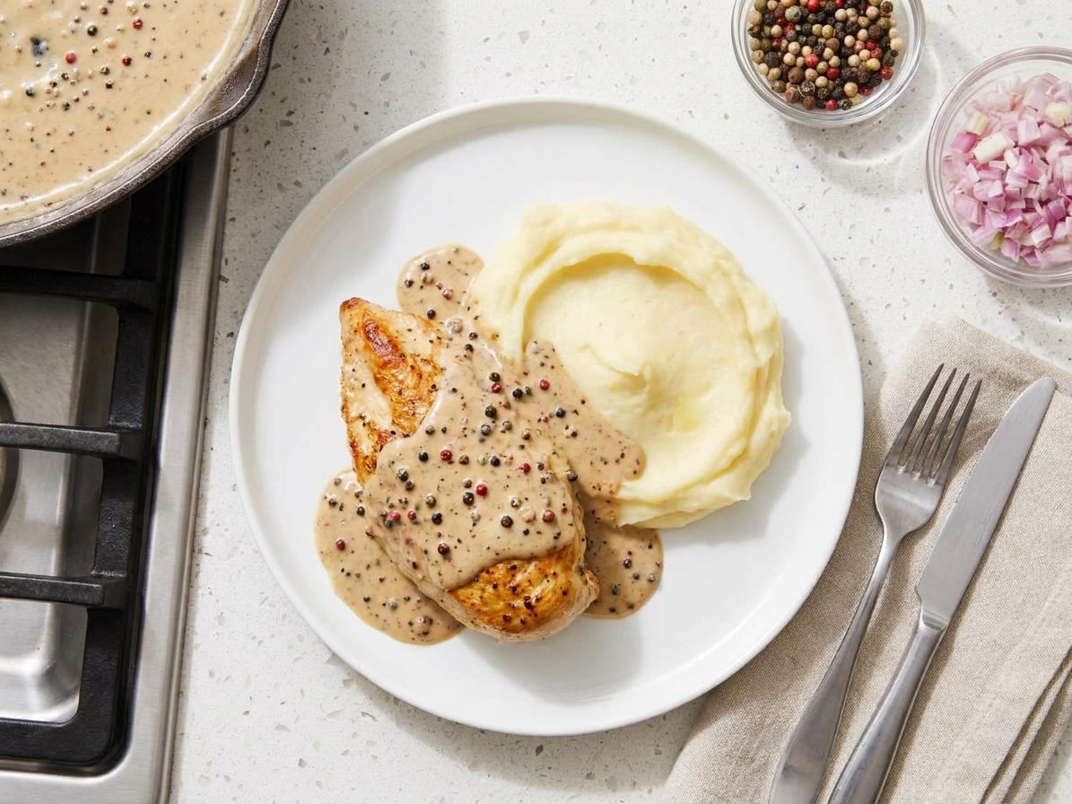 A plated chicken breast with creamy peppercorn sauce spooned over the top, served with mashed potatoes at the table