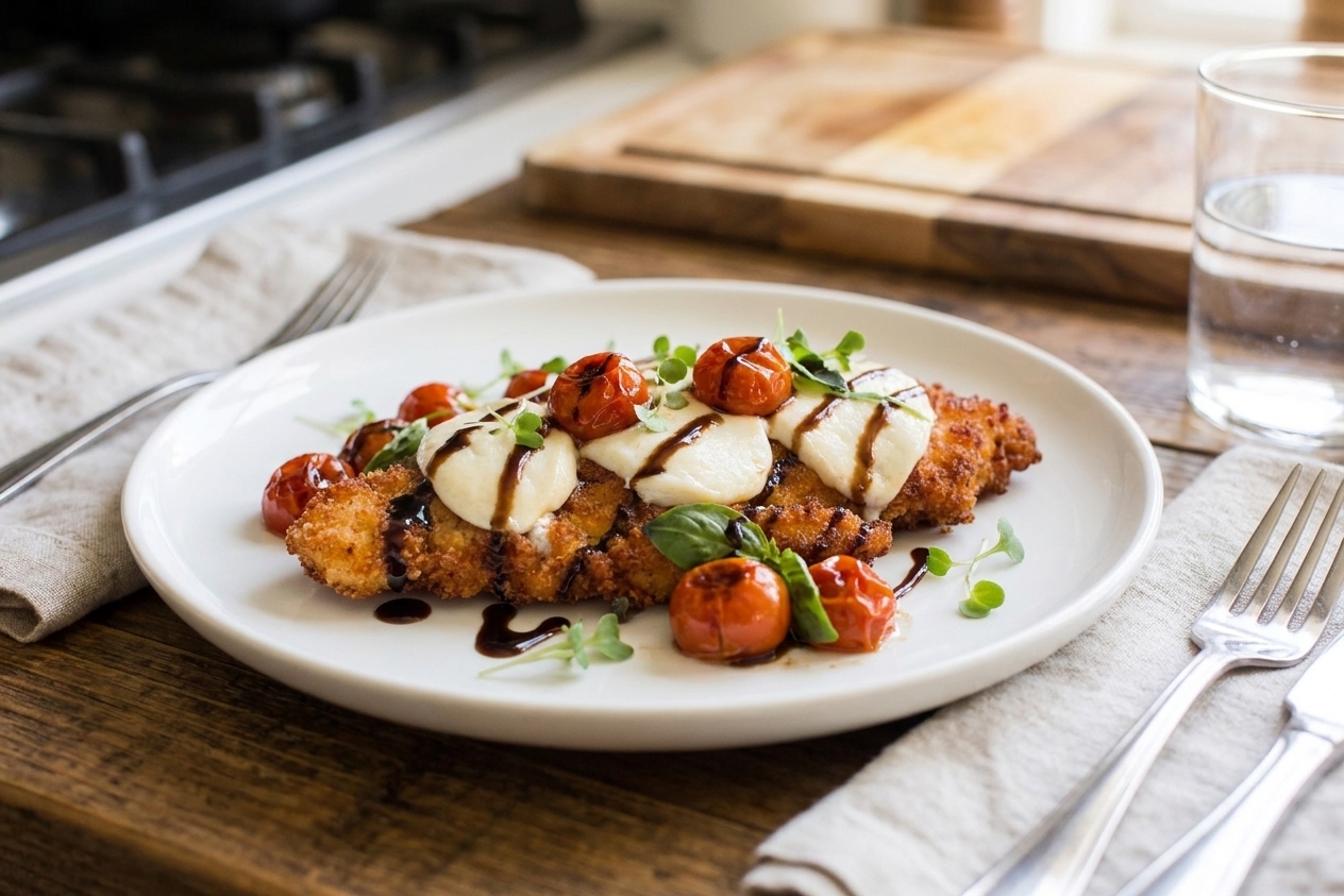 A plated chicken caprese cutlet topped with melted mozzarella, blistered cherry tomatoes, fresh basil, and balsamic glaze on a dinner table
