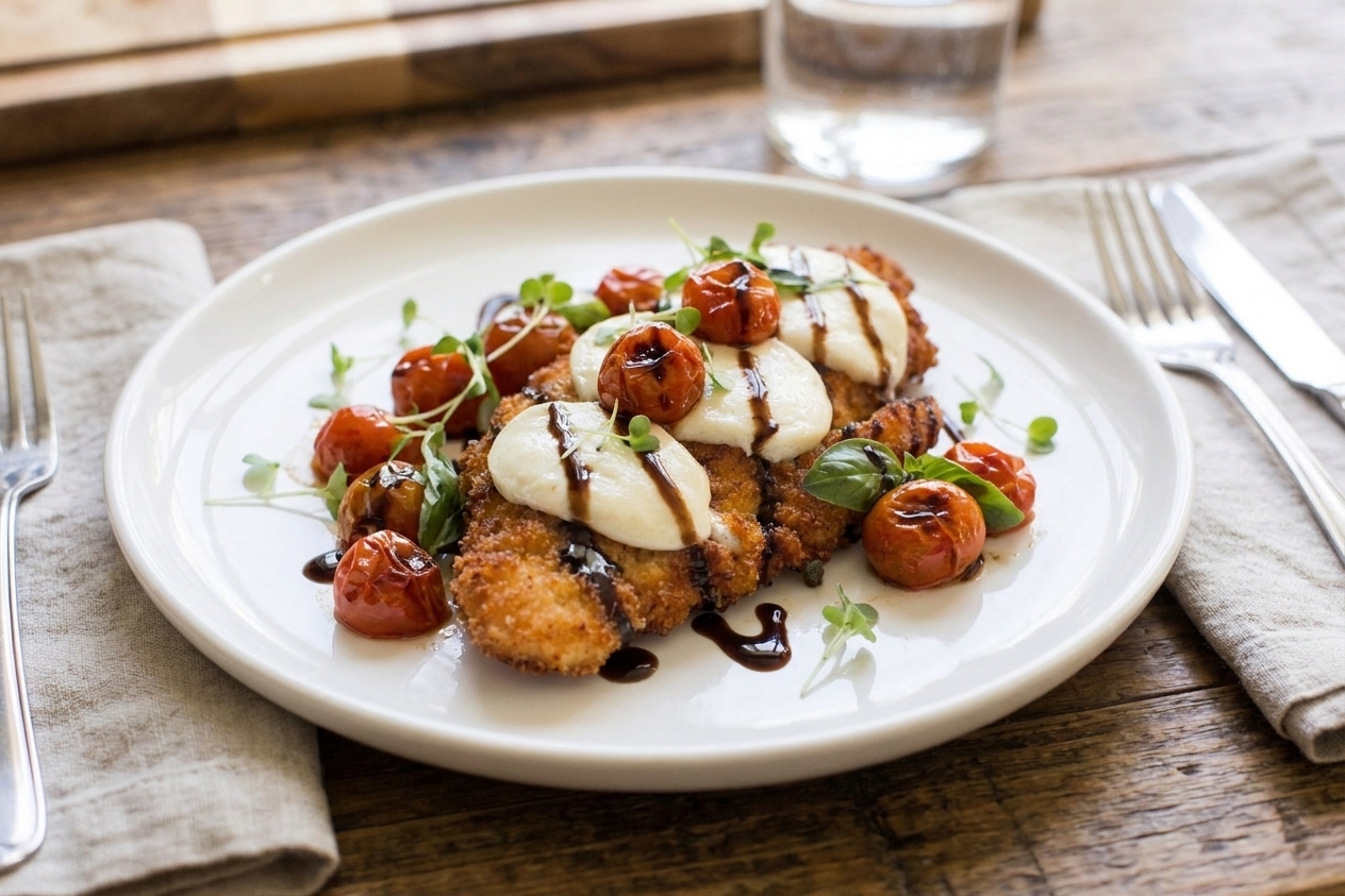A plated chicken caprese dinner with golden seared chicken cutlets topped with melted mozzarella, blistered cherry tomatoes, fresh basil leaves, and a glossy balsamic glaze on a white plate at a wooden table