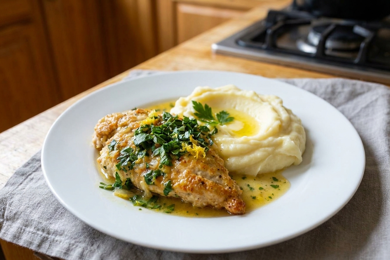 A plated chicken cutlet topped with glossy lemon butter sauce and chopped parsley, served with creamy mashed potatoes on a simple white dinner plate