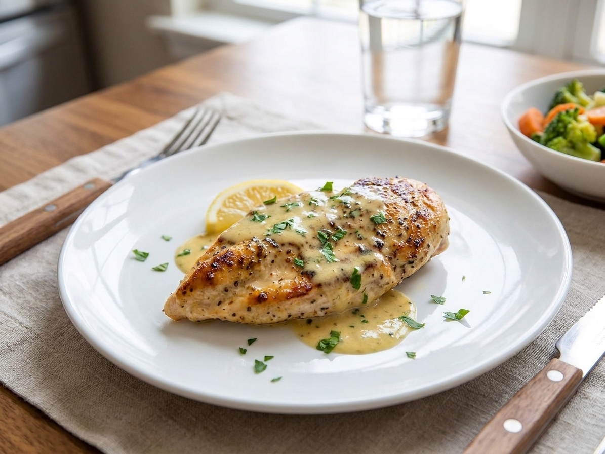 A plated chicken cutlet topped with lemon butter sauce and chopped parsley on a white plate set on a simple dinner table