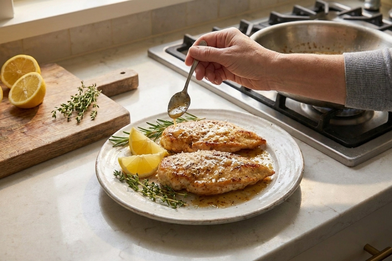 A plated chicken cutlet topped with lemon garlic sauce and grated Parmesan, served with lemon wedges