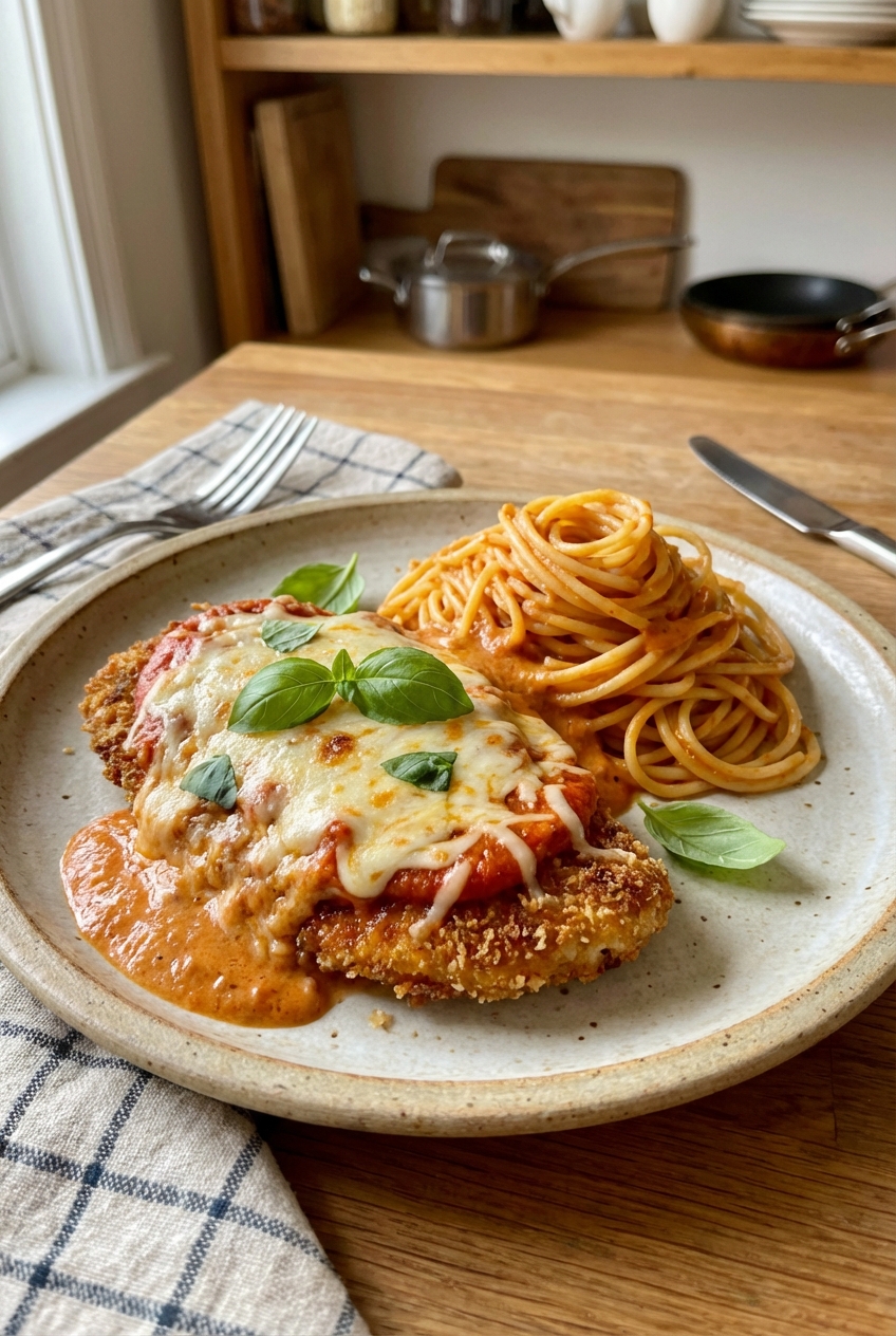 A plated chicken parmesan cutlet with creamy tangy tomato sauce and basil served with pasta