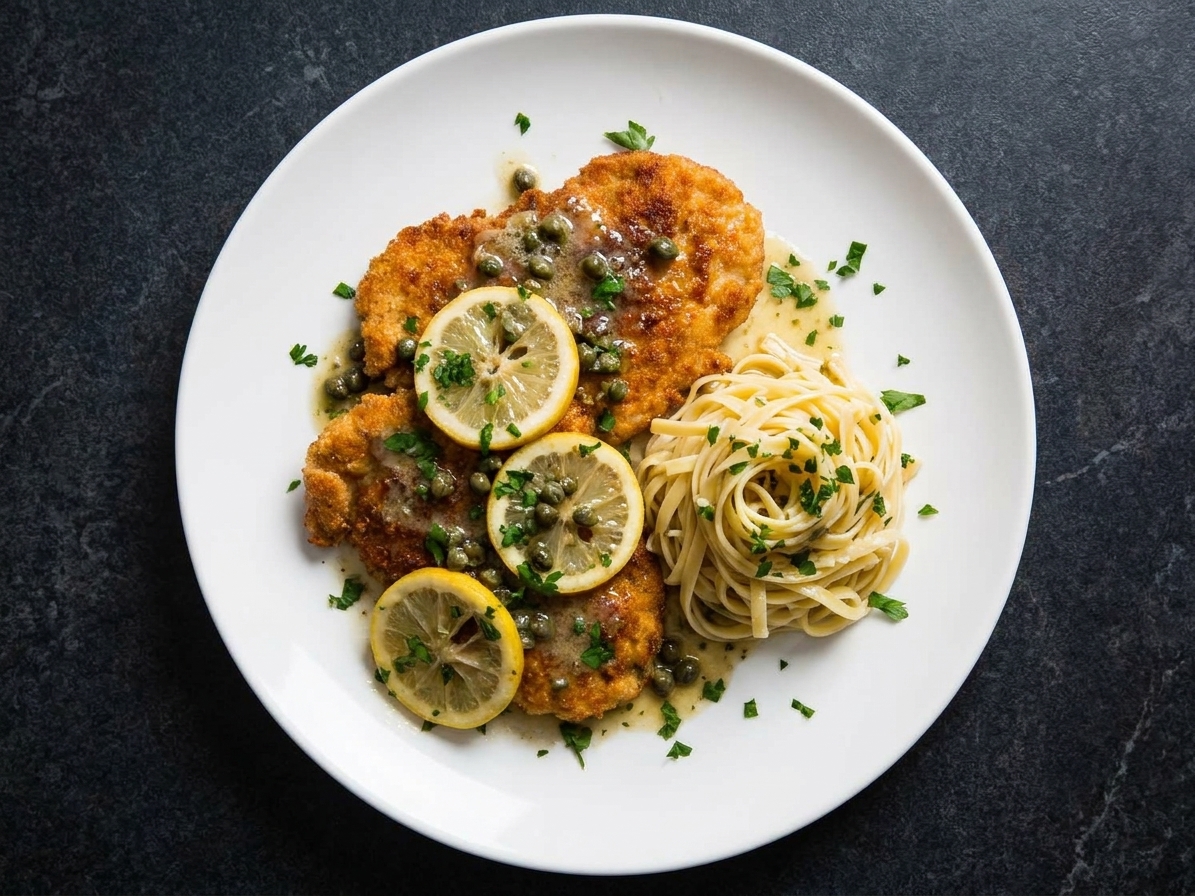 A plated chicken piccata dinner with golden cutlets, lemon-caper butter sauce, parsley, and a small nest of pasta on a white plate