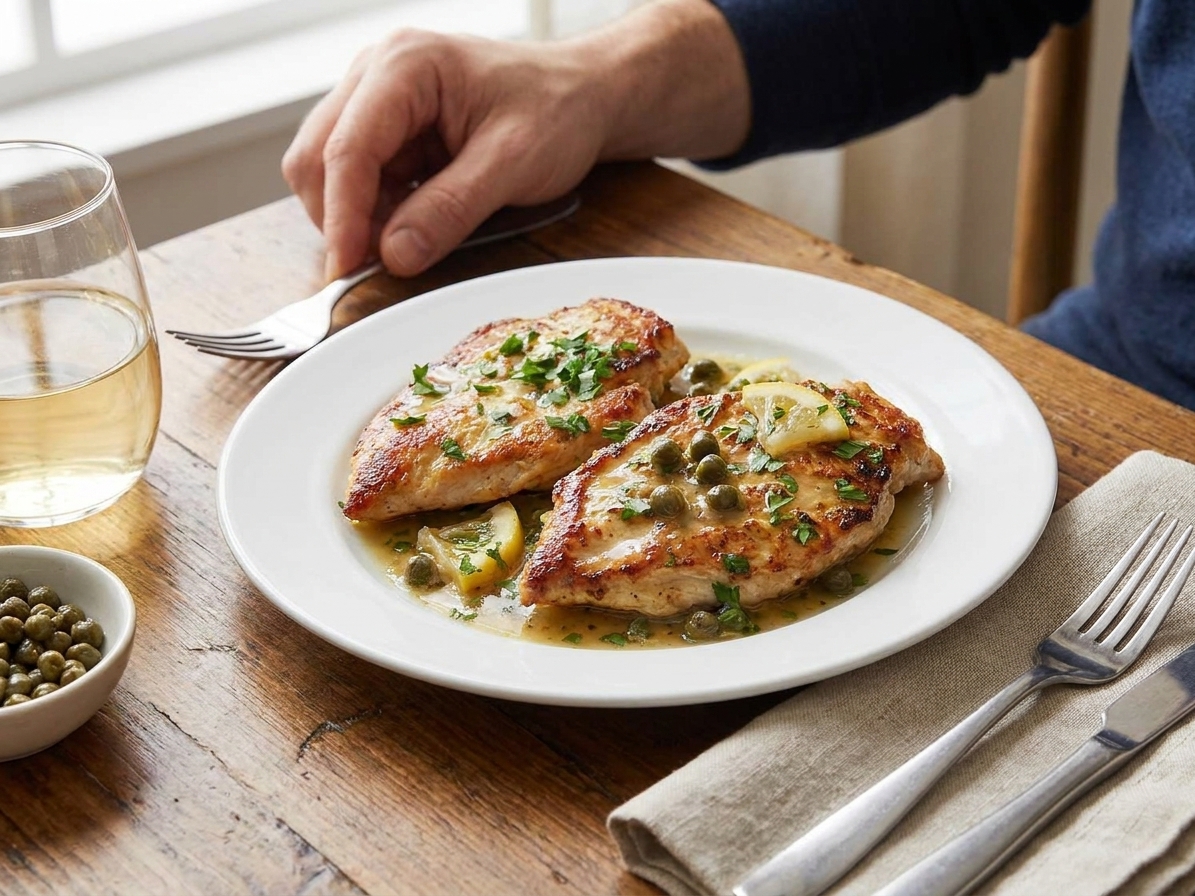 A plated chicken piccata dinner with golden seared chicken cutlets covered in glossy lemon caper sauce, garnished with parsley and lemon slices on a simple white plate at a cozy dinner table