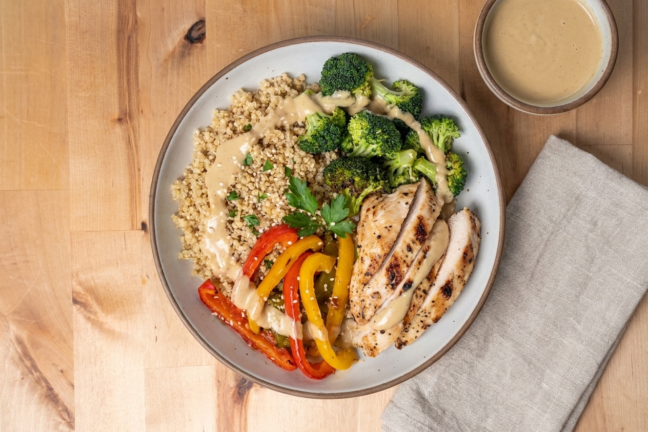 A plated chicken quinoa bowl with roasted broccoli and bell peppers, sliced chicken breast, and a drizzle of creamy lemon tahini sauce on a rustic wooden table