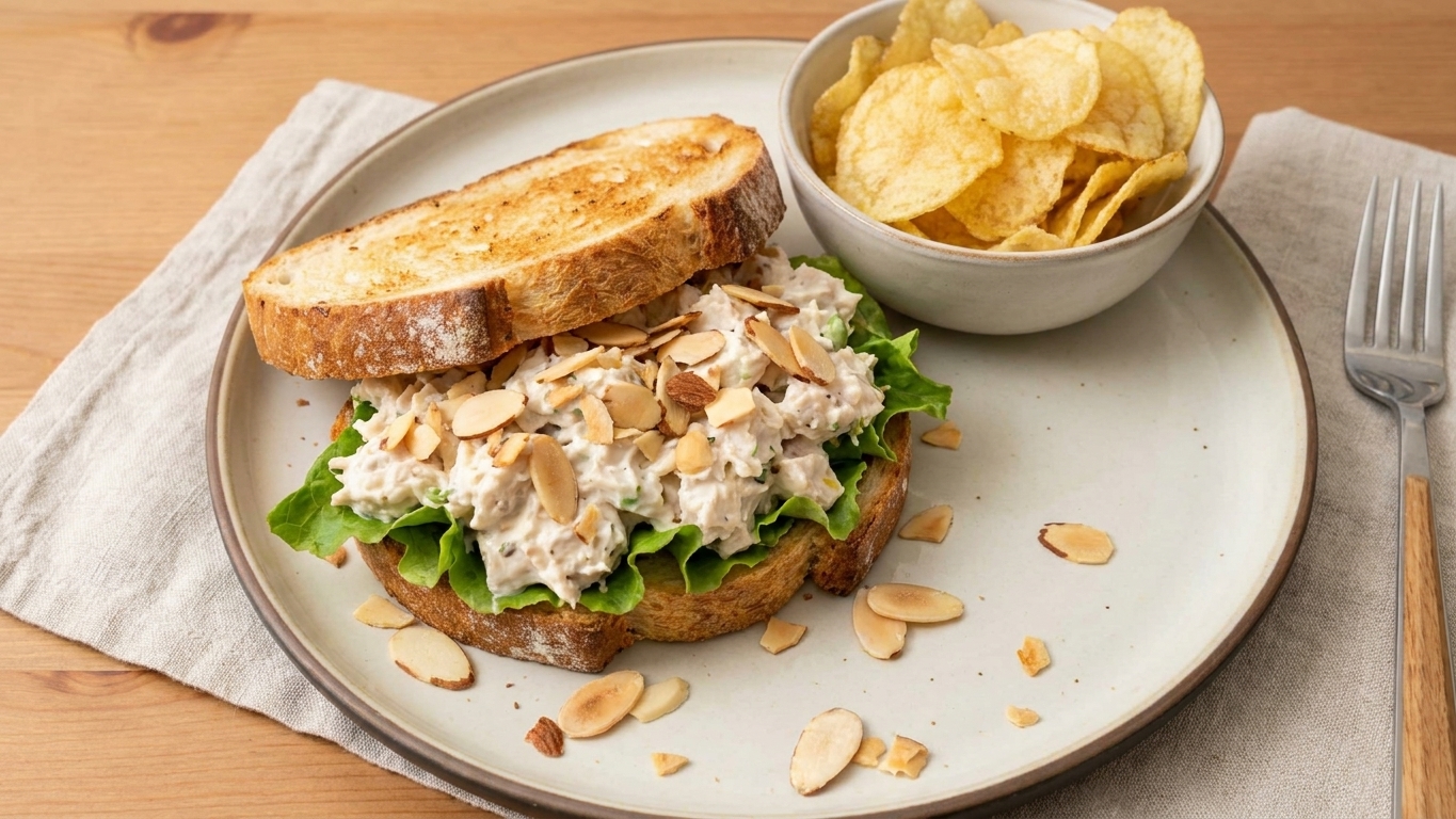 A plated chicken salad sandwich with a side of potato chips on a simple table setting