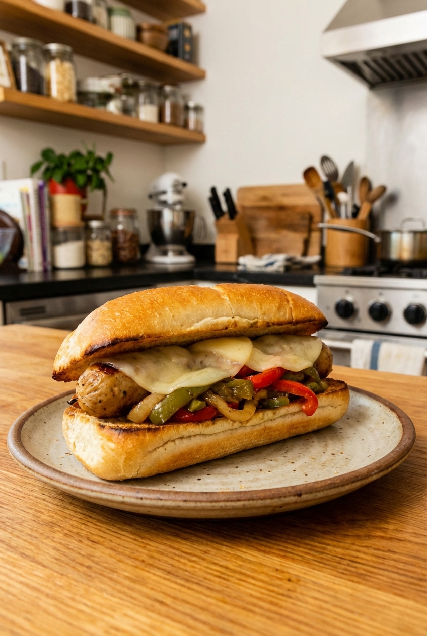 A plated chicken sausage and peppers sandwich on a toasted hoagie roll with melted provolone on a kitchen counter