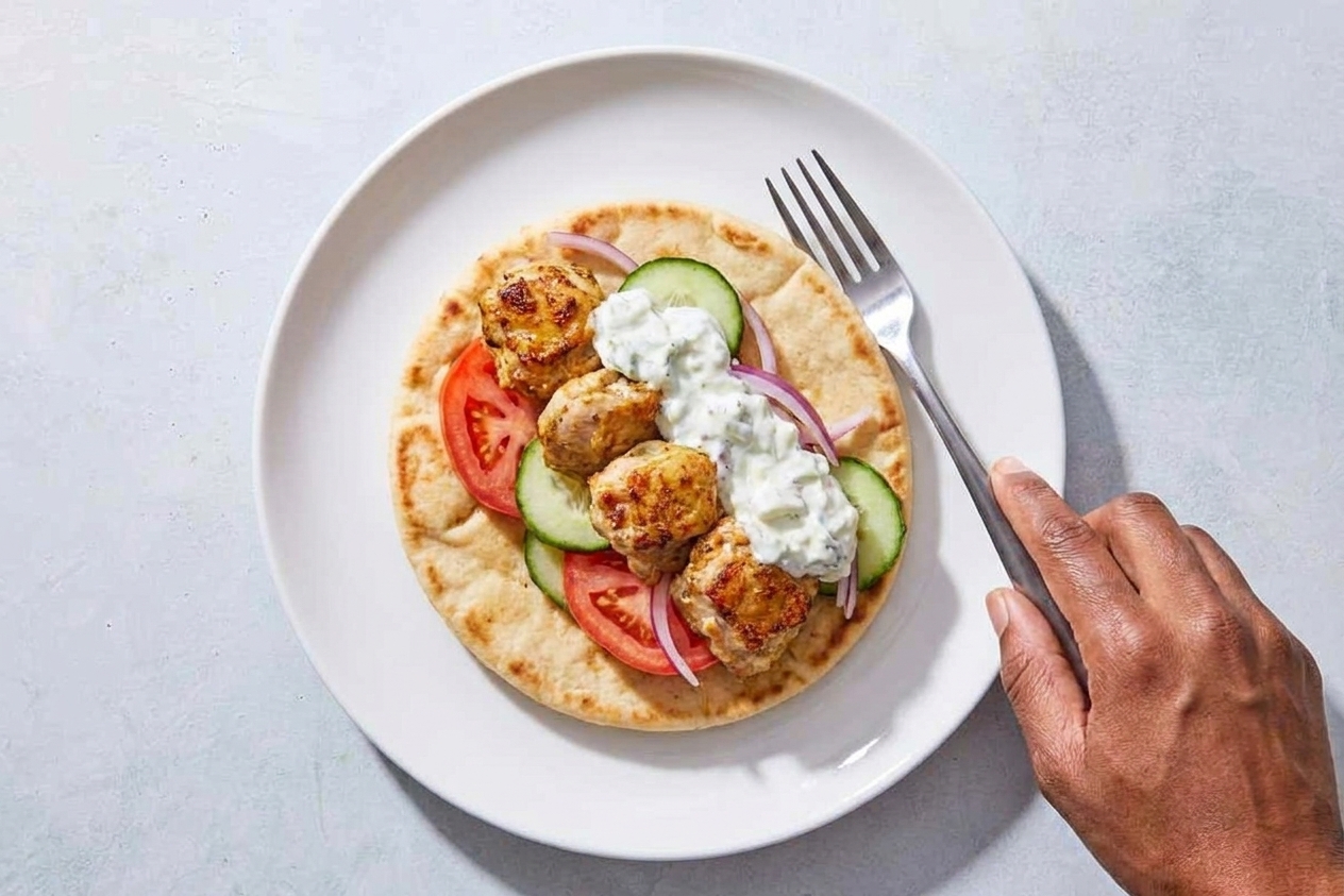 A plated chicken souvlaki pita filled with grilled chicken, sliced tomatoes, cucumbers, red onion, and a spoonful of creamy sauce on a simple dinner plate with a fork