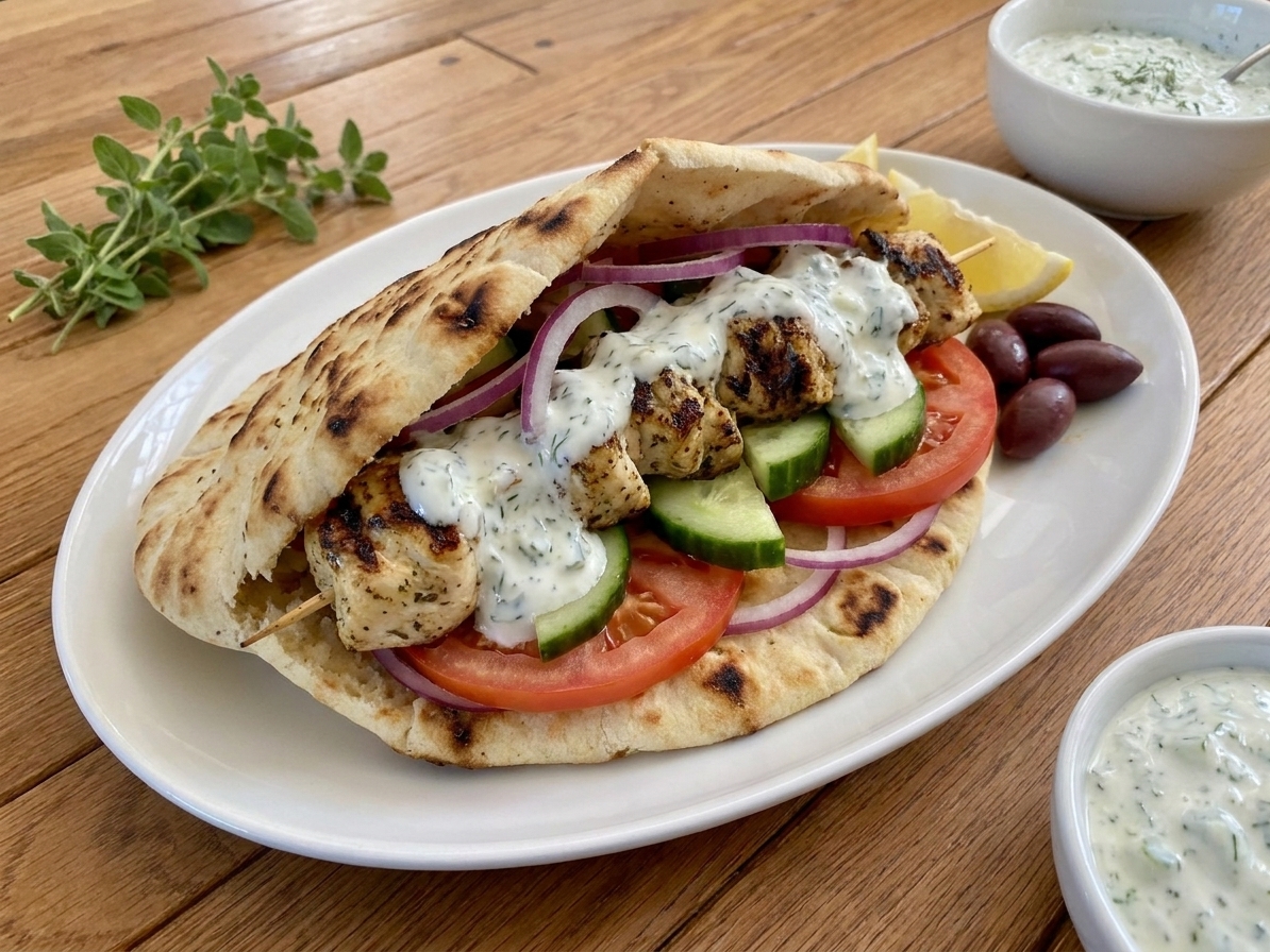 A plated chicken souvllaki pita stuffed with grilled chicken, sliced tomato, cucumber, red onion, and creamy yogurt sauce on a simple table setting