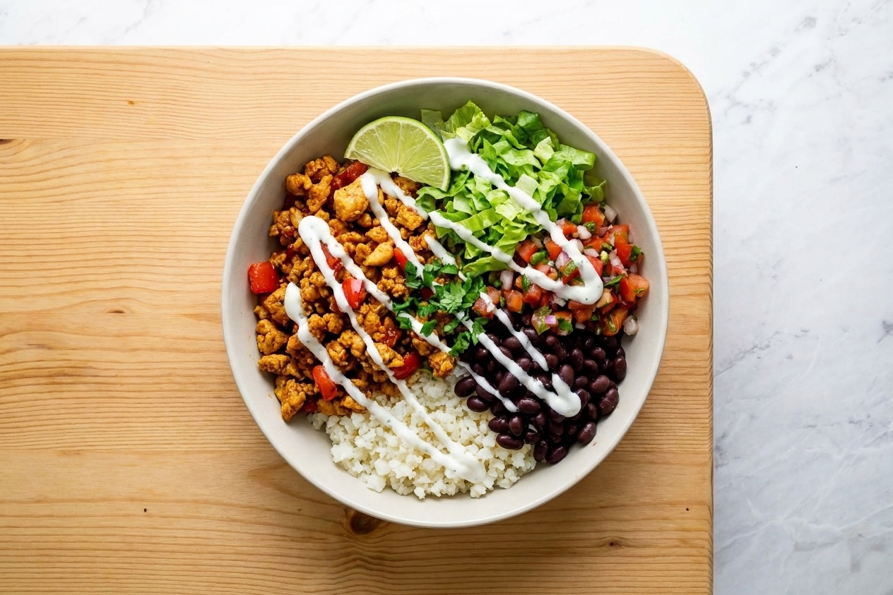 A plated chicken taco bowl with cauliflower rice, black beans, shredded lettuce, pico de gallo, and a drizzle of lime yogurt sauce on a light wood table