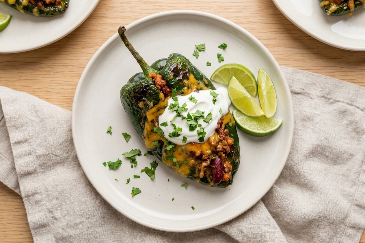 A plated chili stuffed poblano pepper topped with cilantro and a dollop of sour cream, served with lime wedges on a simple dinner table setting