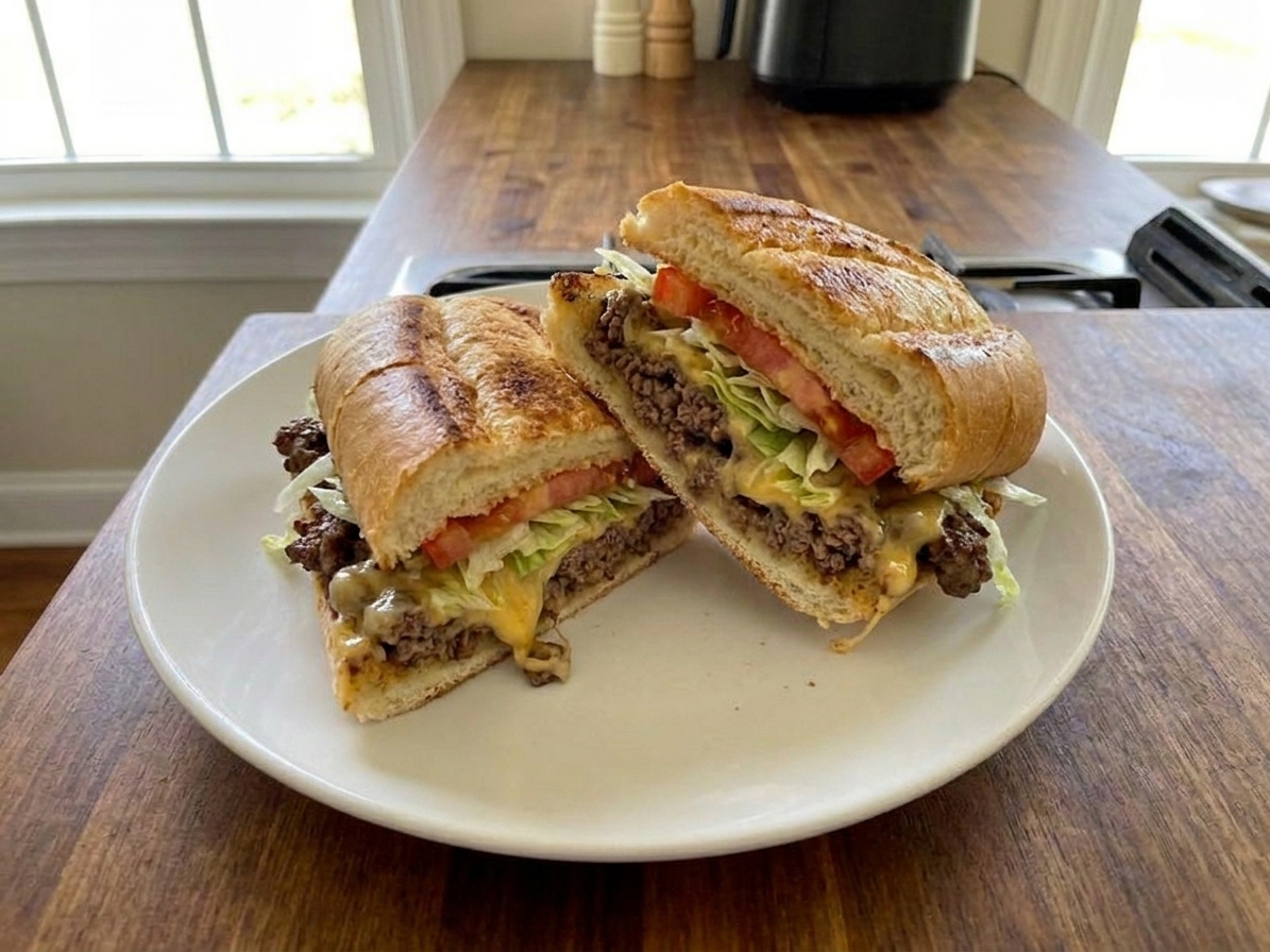 A plated chopped cheese sandwich cut in half, showing chopped beef and melted cheese inside, with lettuce and tomato, on a simple white plate at a kitchen table