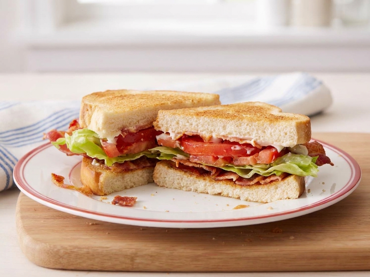 A plated classic BLT sandwich cut in half, showing layers of crispy bacon, bright red tomato slices, and crisp lettuce on toasted bread, set on a simple kitchen table