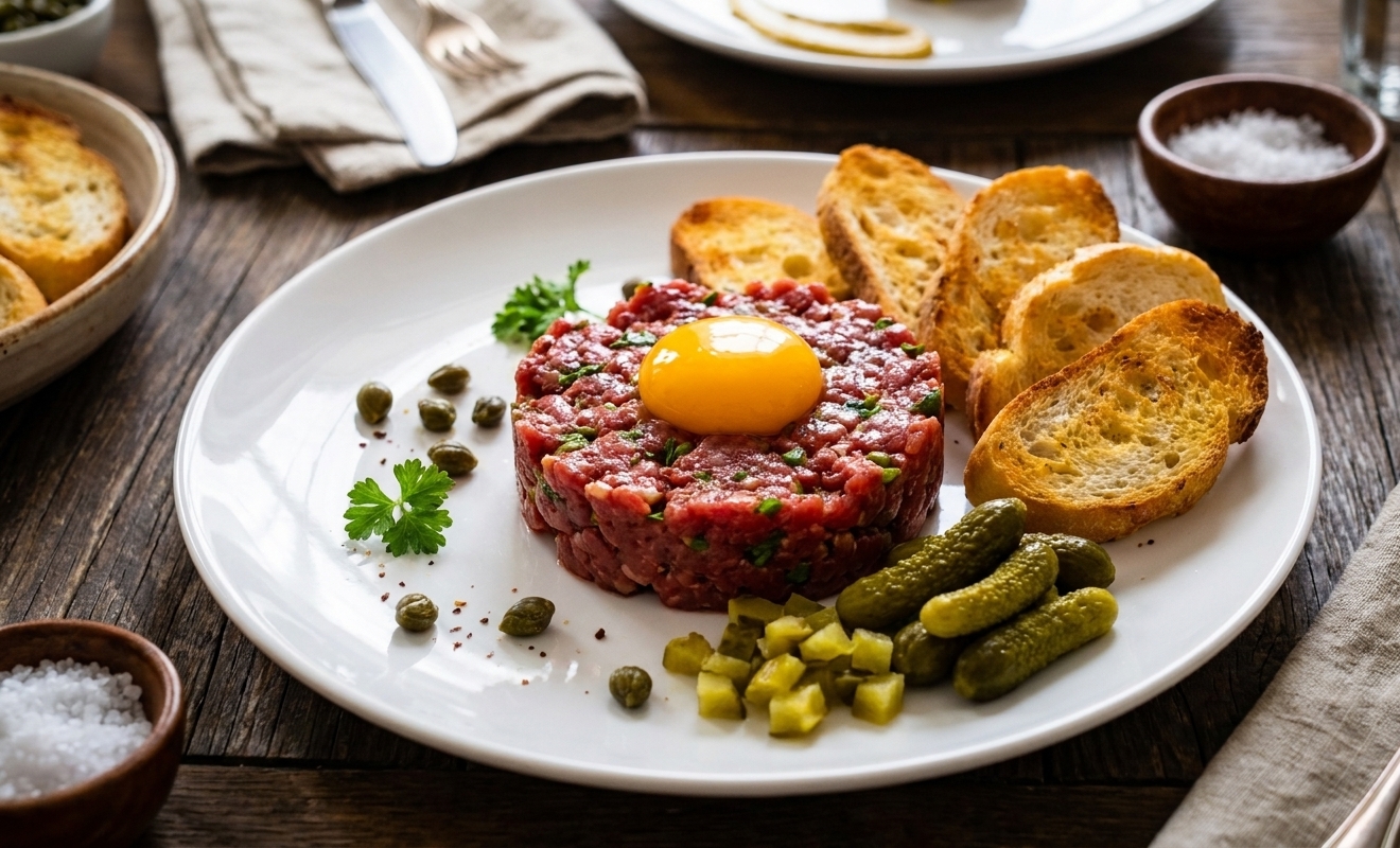 A plated classic steak tartare mound topped with a glossy egg yolk, surrounded by toasted baguette slices and cornichons on a warm kitchen table