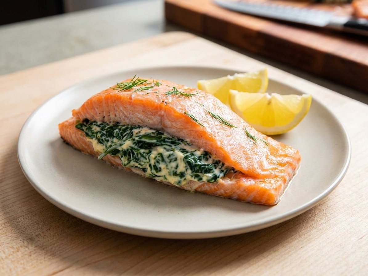 A plated cream cheese stuffed salmon fillet with visible spinach filling, served with lemon wedges on a neutral ceramic plate on a light kitchen table