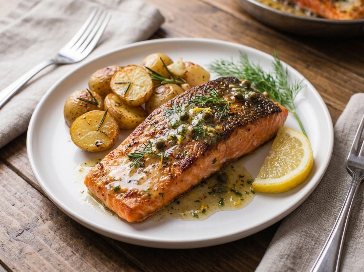A plated crisp-skinned sockeye salmon fillet topped with lemon caper butter, served with roasted potatoes and a lemon wedge on a simple white plate