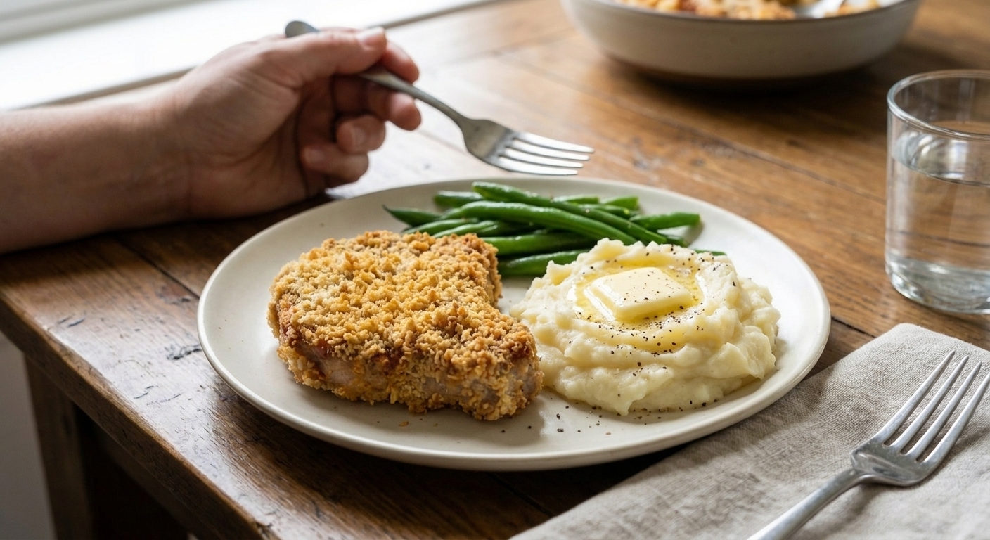 A plated crispy baked pork chop with mashed potatoes and green beans on a simple ceramic plate at a dinner table