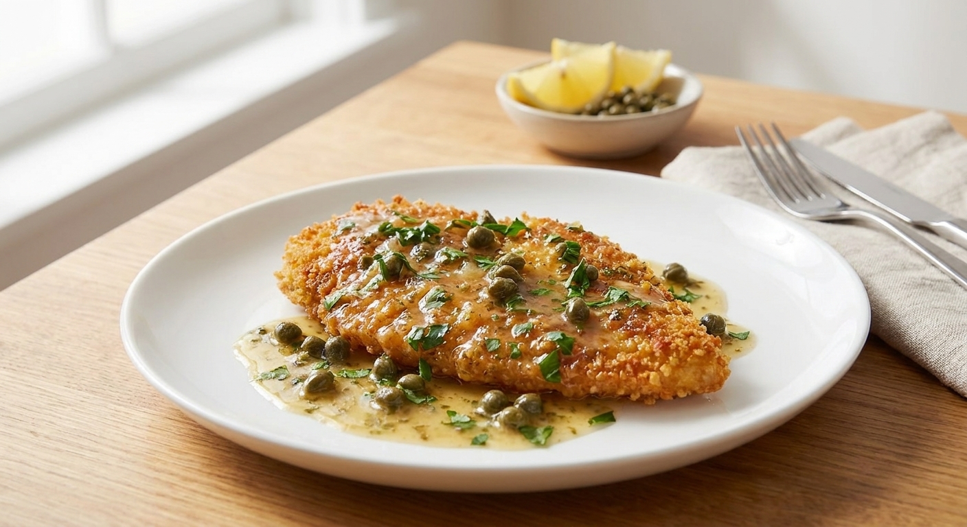 A plated crispy chicken cutlet topped with glossy lemon caper pan sauce on a white plate with parsley, set on a warm-toned kitchen table