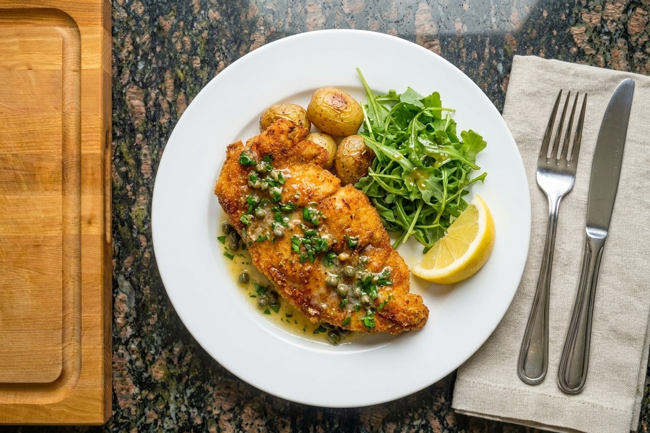 A plated crispy chicken cutlet topped with lemon butter caper sauce, served with a lemon wedge and a simple side on a dinner table