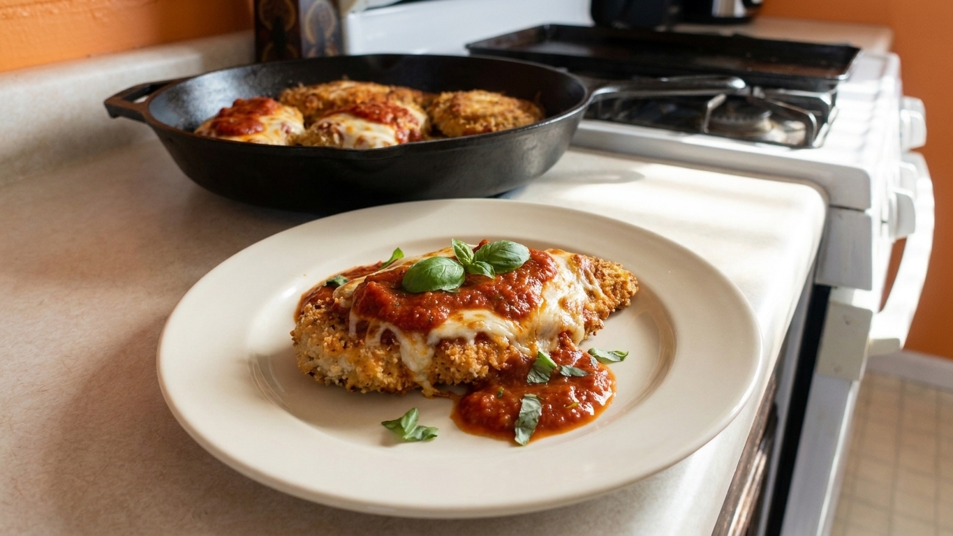 A plated crispy chicken cutlet topped with melted mozzarella and tomato basil sauce, garnished with fresh basil on a simple dinner plate