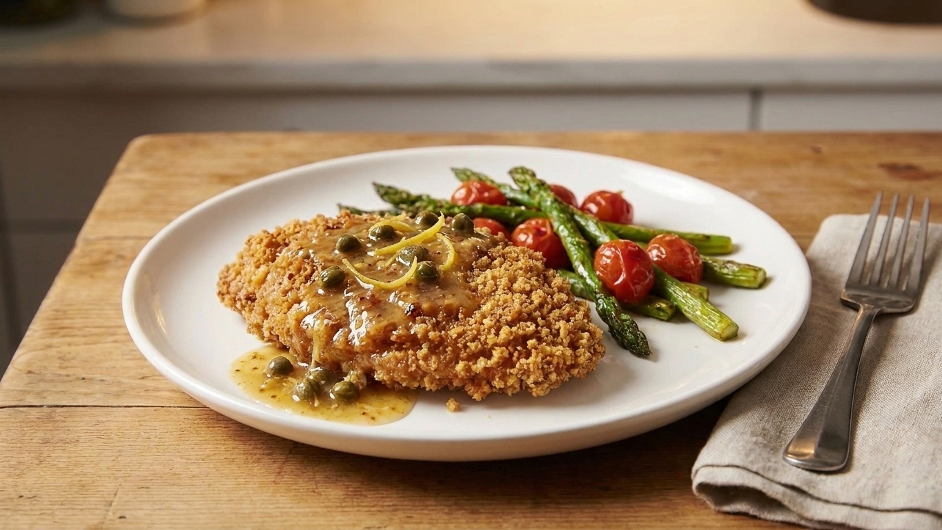 A plated crispy chicken cutlet with lemon-caper sauce spooned on top, served with a simple side on a dinner table