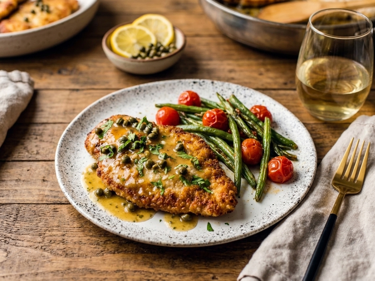 A plated crispy chicken cutlet with lemon-caper sauce, sprinkled with parsley, served with a simple side on a warmly lit dinner table