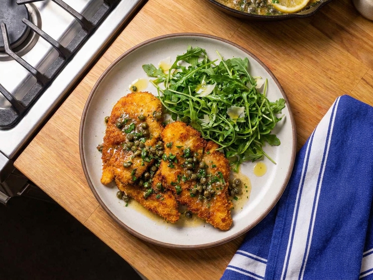 A plated crispy chicken cutlet with lemon-caper sauce beside a simple arugula salad on a wooden dinner table