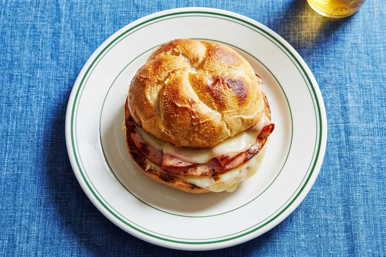 A plated crispy mortadella sandwich on a toasted Kaiser roll with melted provolone, served on a simple white plate on a bright kitchen table