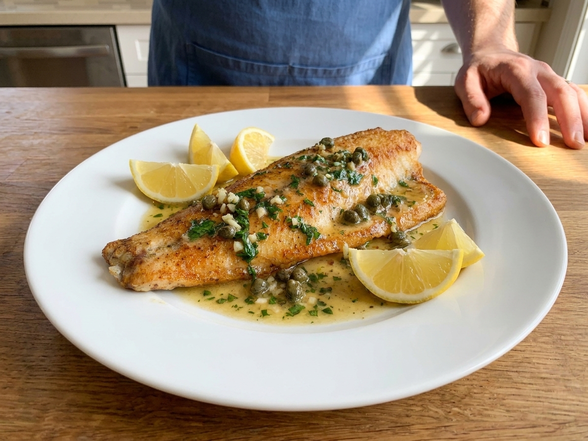 A plated crispy pan-seared walleye fillet topped with lemon caper butter, served on a white plate with lemon wedges on a wooden table in warm natural light