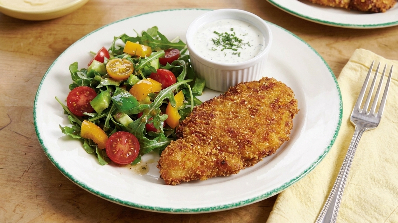 A plated crispy ranch chicken cutlet with a side salad and a small ramekin of ranch dressing on a dinner table