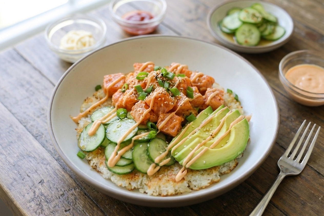 A plated crispy rice bowl topped with spicy salmon, sliced cucumbers, avocado, and sesame seeds on a simple ceramic bowl on a warmly lit kitchen table