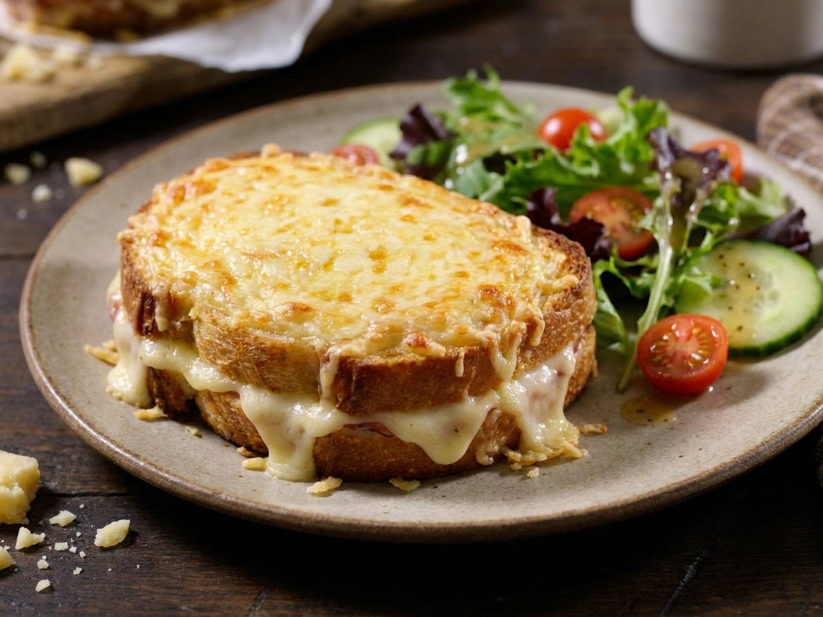 A plated croque monsieur with bubbling Gruyère on top, creamy béchamel peeking at the edges, and a small side salad on a neutral stoneware plate