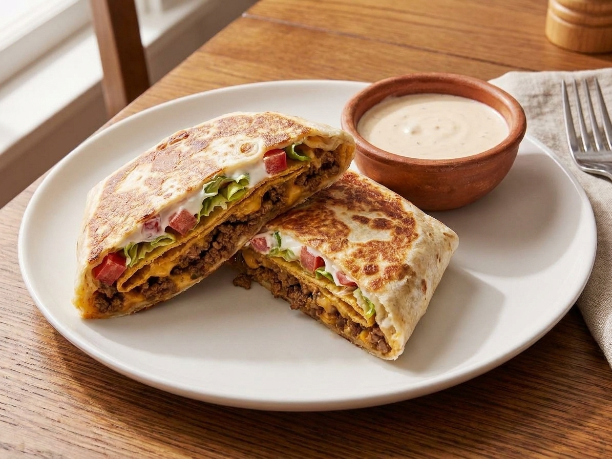 A plated crunchwrap cut open with a small bowl of creamy dipping sauce beside it on a simple dinner table