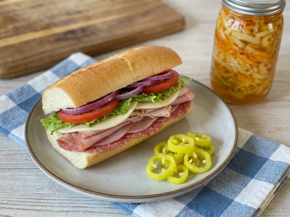 A plated deli-style sandwich with a small pile of pickled banana pepper rings on the side, on a simple kitchen table setting