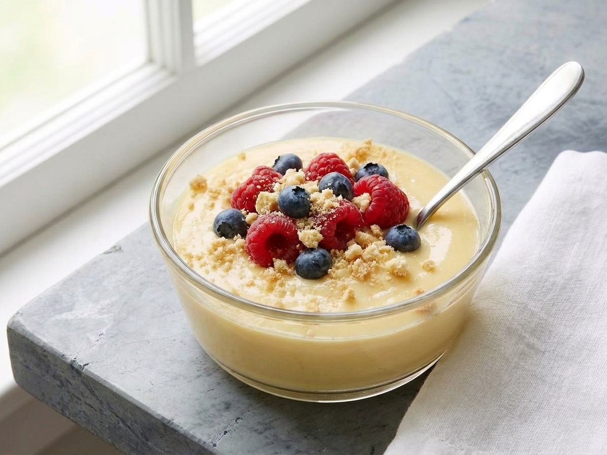 A plated dessert bowl of vanilla custard topped with fresh berries and a sprinkle of crushed cookies on a simple table setting