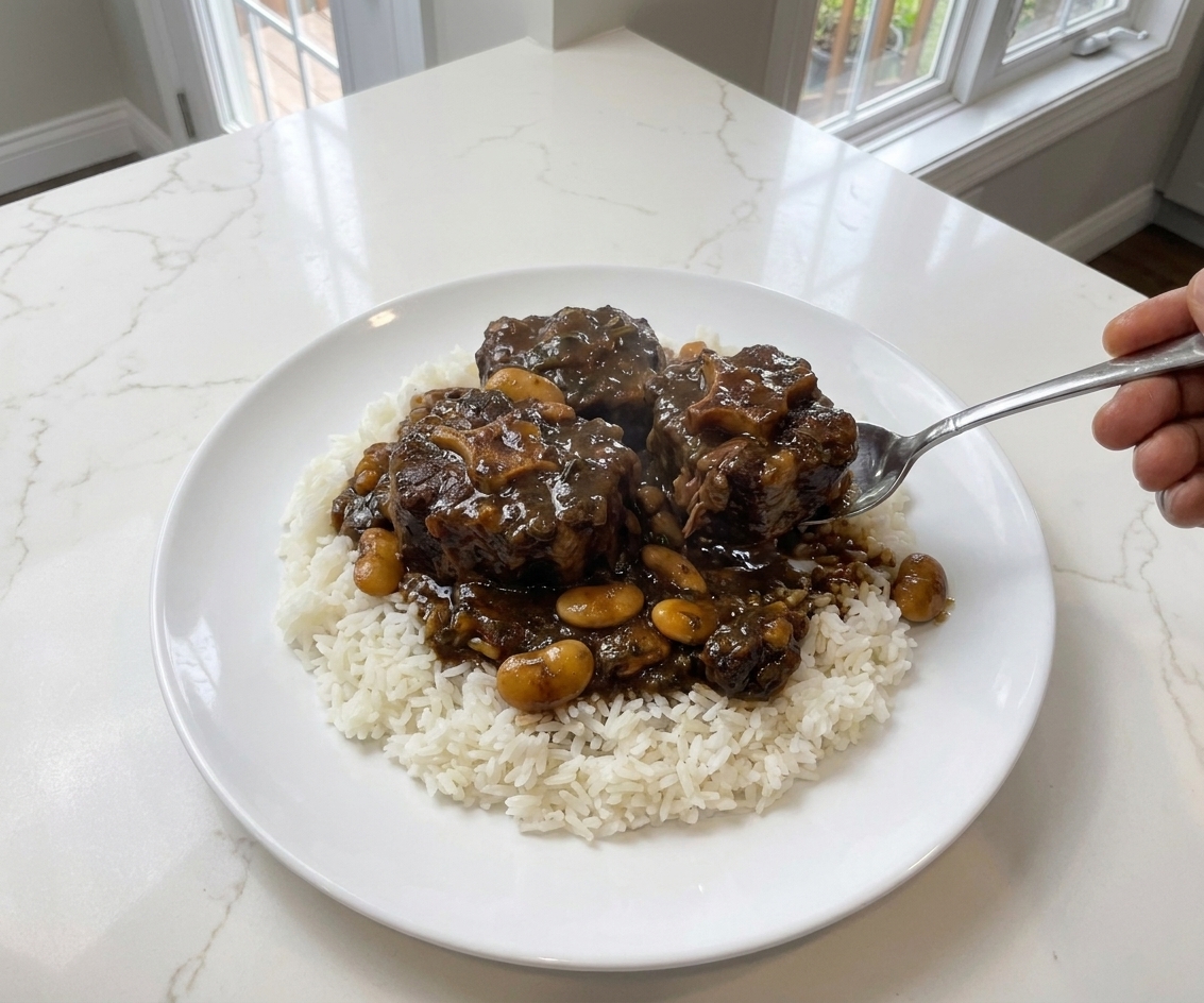 A plated dinner of Jamaican oxtail in rich brown gravy with butter beans served over white rice on a simple ceramic plate
