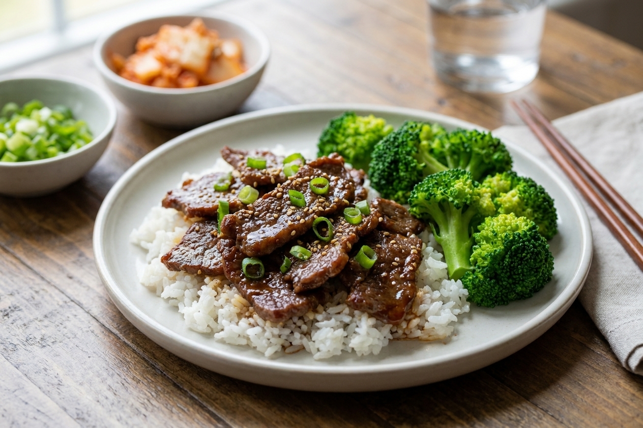 A plated dinner of beef teriyaki over white rice with bright green broccoli on a simple ceramic plate at a kitchen table
