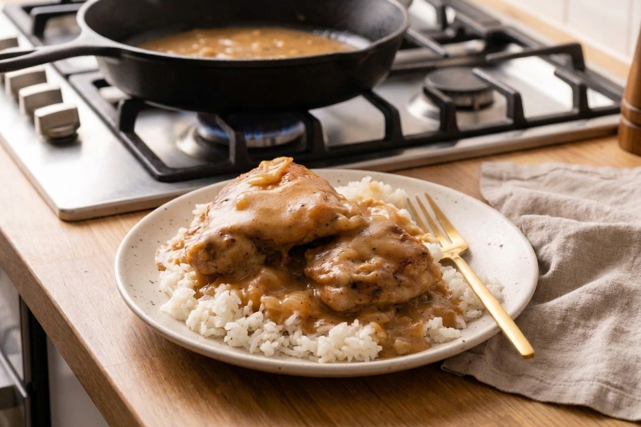 A plated dinner of chicken cutlets covered in creamy peppery gravy served over fluffy buttery rice on a simple ceramic plate at a wooden table