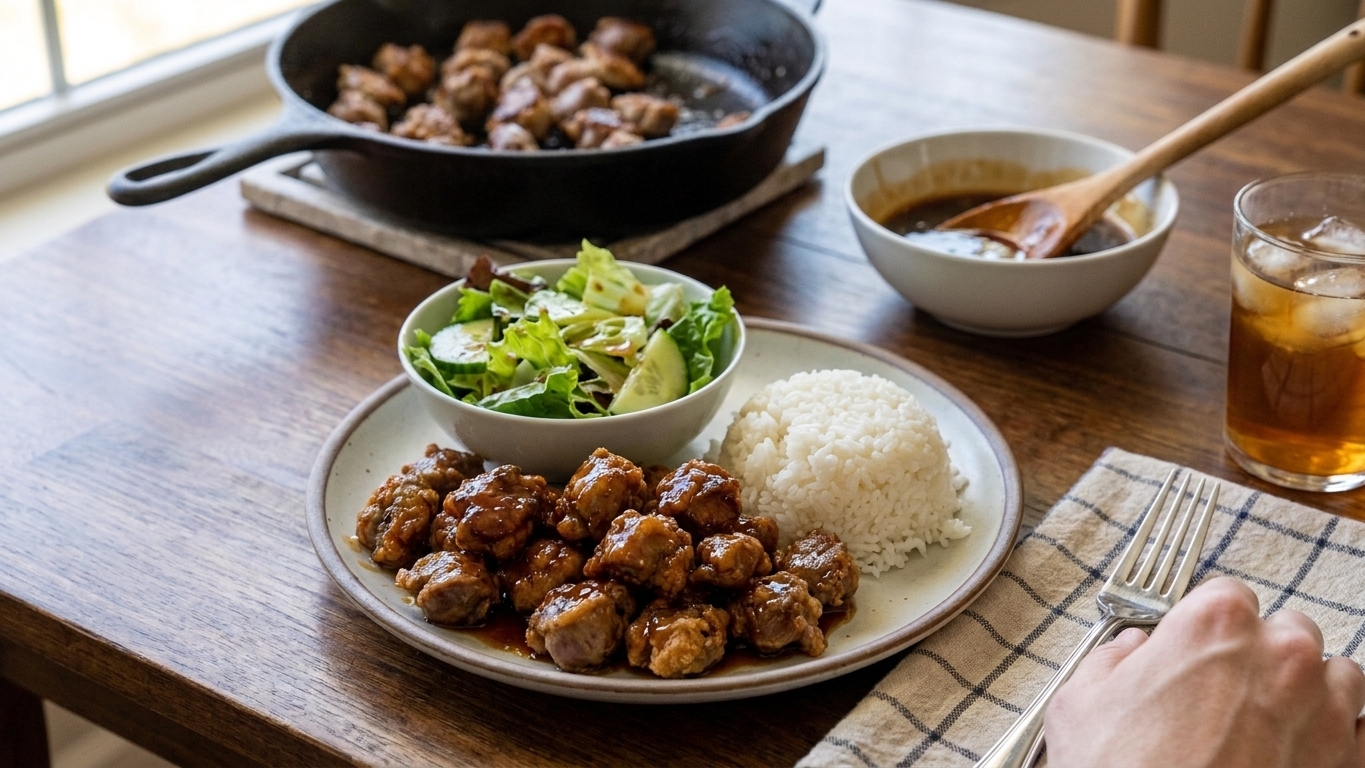 A plated dinner of crispy chicken gizzards with glossy sauce, served with rice and a simple green salad on a family style table setting