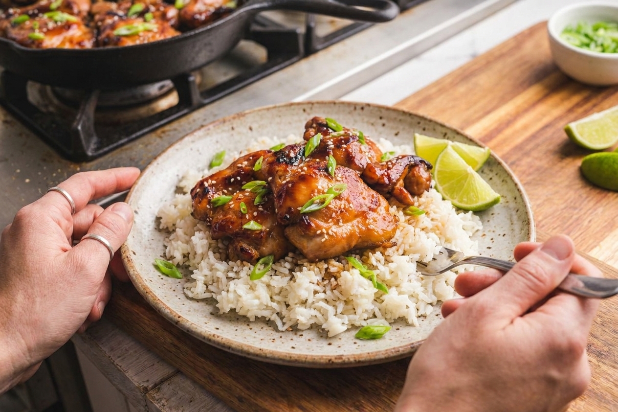 A plated dinner of glossy sticky chicken thighs over fluffy garlic rice, topped with sliced scallions and served with lime wedges on a simple ceramic plate