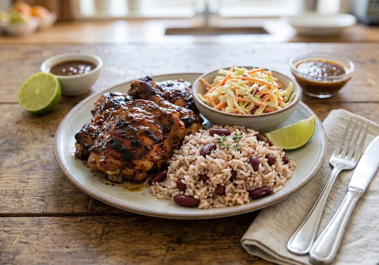 A plated dinner of jerk chicken with rice and peas and a small side of slaw on a simple table setting