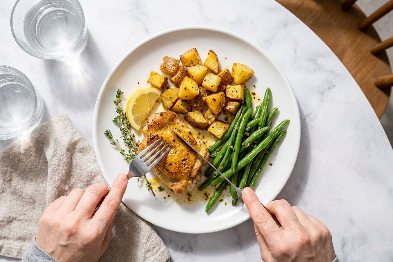 A plated dinner of roasted lemon garlic chicken thigh with crispy potatoes and green beans on a simple white plate at a dinner table setting