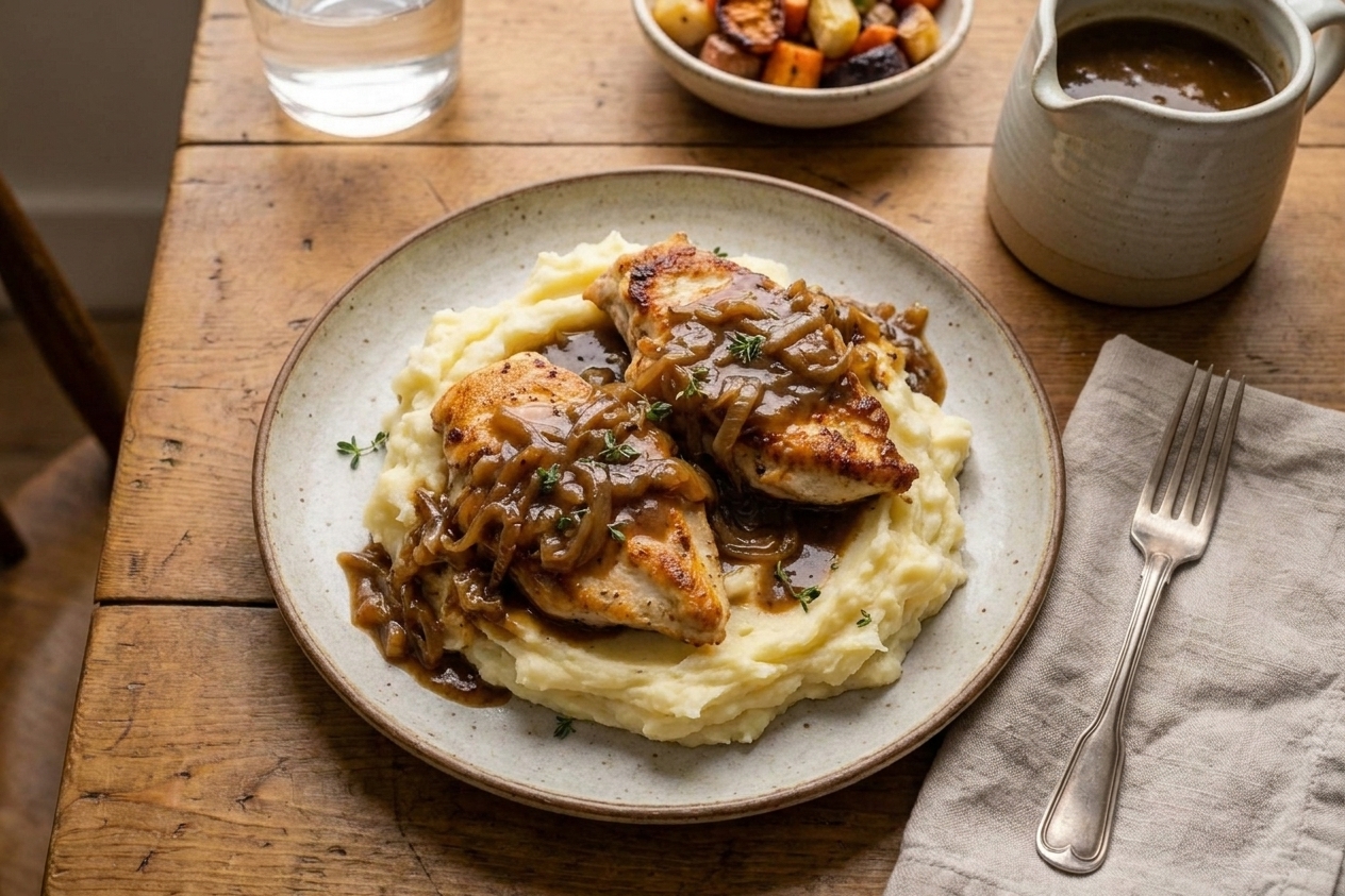 A plated dinner of skillet-seared chicken covered in glossy brown gravy next to creamy mashed potatoes on a warm wooden table