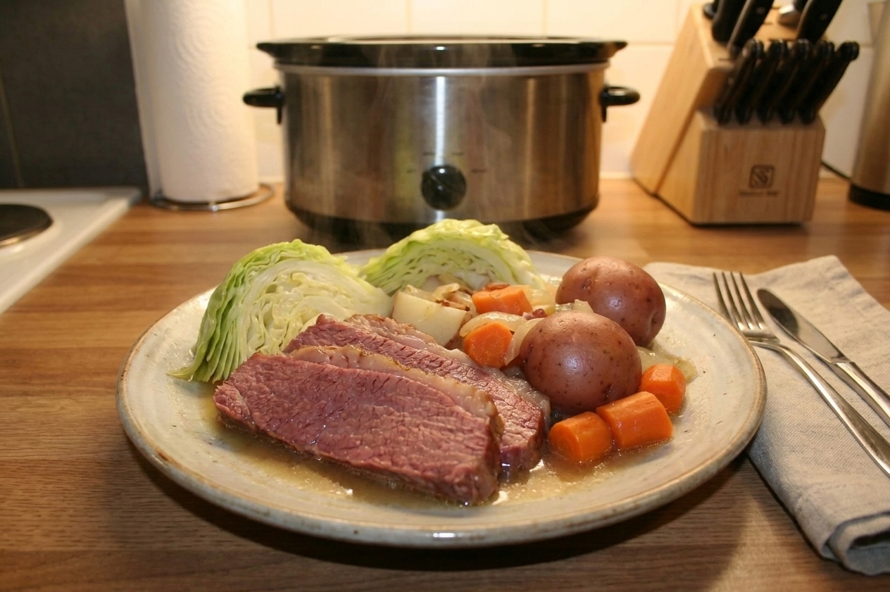 A plated dinner of sliced corned beef with cabbage, carrots, and potatoes, lightly spooned with broth on a simple ceramic plate at a dinner table
