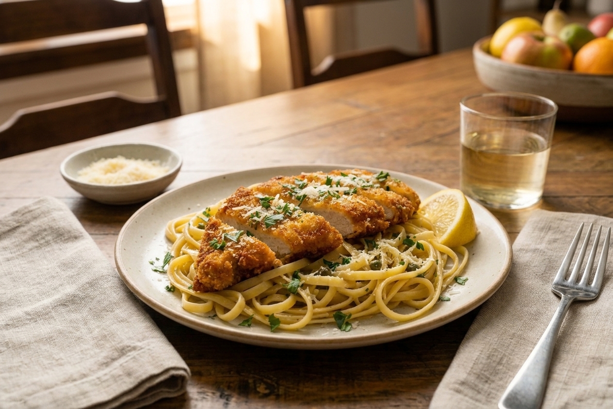Crispy Chicken Cutlets with Lemon-Butter Pasta